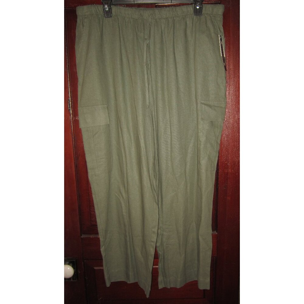 Architect Plus New 2X Linen Pants Slacks Cargo Elastic Waist Pockets Pull On Tie
